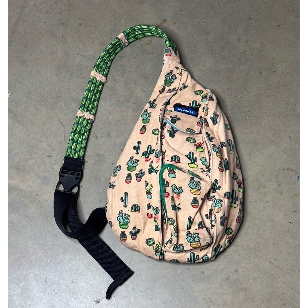 Kavu Rope Bag Cactus Print Canvas Sling Backpack Prickle  Peach Green 14”